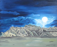 Original Oil Painting by Grace Moore - Moon Rising at Night Over Desert Mountains