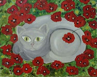 Original Oil Painting by G.A.Moore - Gray Cat in a Field of Red Flowers