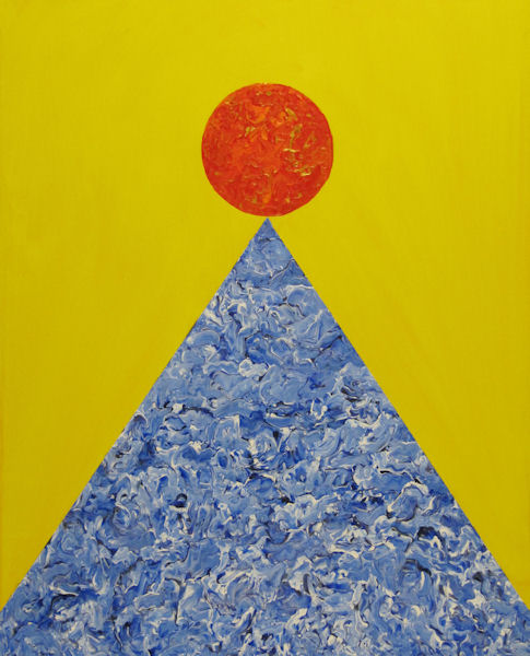 Original Painting Blue Pyramid, Orange Sun, Yellow Background