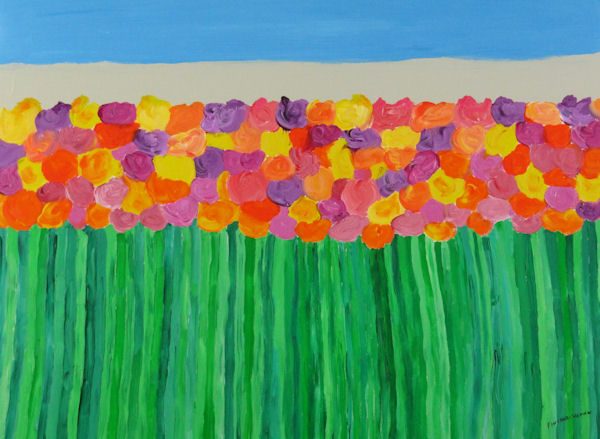 Original Painting Stylized Flower Garden with Bright Colors