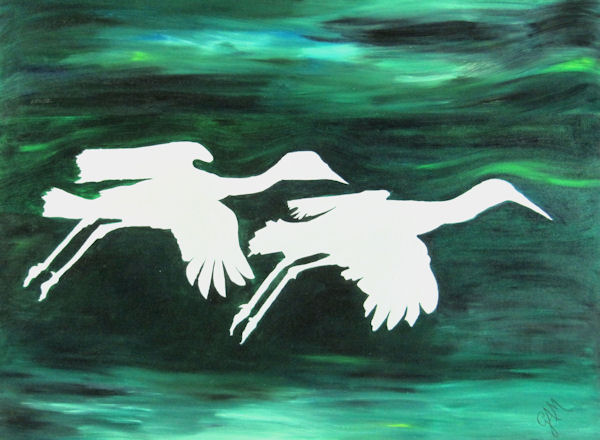 Original Oil Painting of Two White Geese Agaist a Green-blue Sky