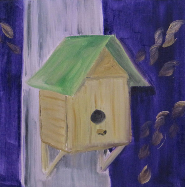 Original Oil Painting - Bird House on a Tree Trunk