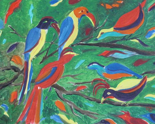 Original Oil Painting of Parrots in the Forest