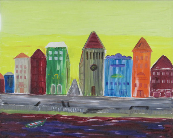 Original Oil Painting by G.A. Moore - bright colored buildings on the quay