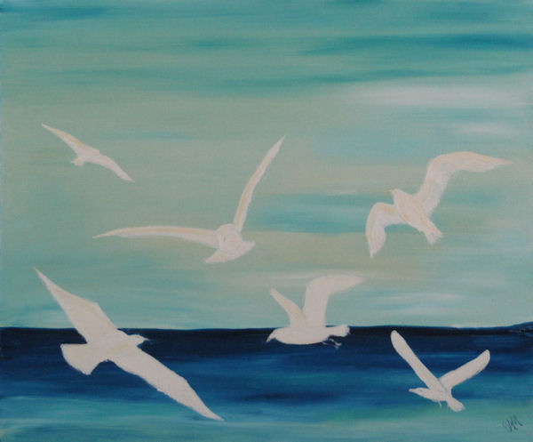 Original Oil by G.A.Moore - gulls in flight over blue ocean