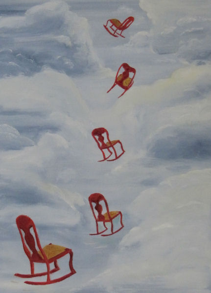 Original Oil by G.A. Moore - Red Rocking Chairs Ascending Through the Clouds