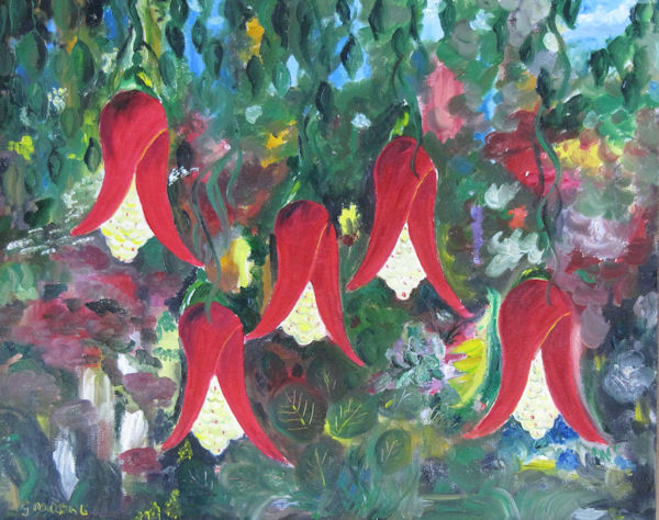 Original Oil Painting by Grace Moore - Red Flowers on Green Jungle Background