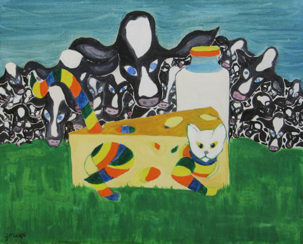 Original Oil Painting by Grace Moore - Cows and a Cat and Cheese