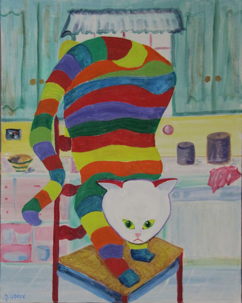 Original Oil Painting by Grace Moore - A brightly striped cat on a kitchen chair