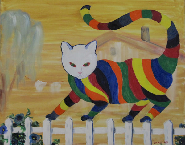 Original Oil Painting by Grace Moore - Brightly Striped Cat Walks a Picket Fence