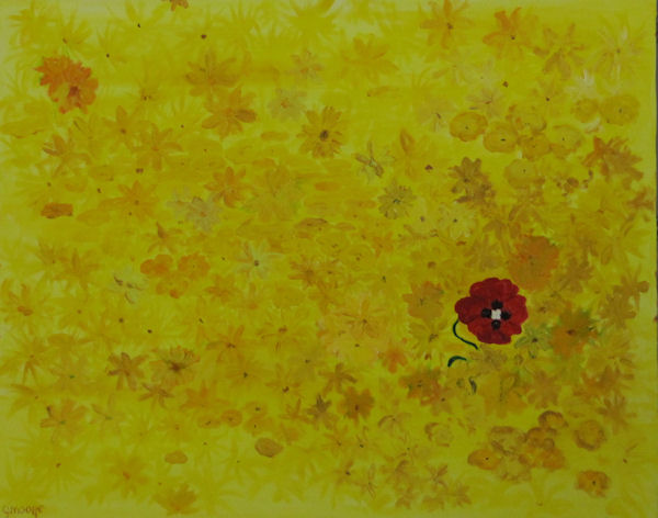Original Oil Painting by Grace Moore - A Single Red Flower on a Field of Yellow Blooms