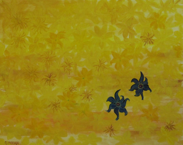 Original Oil Painting by Grace Moore - Two Blue Flowers on a Field of Golden Blossoms