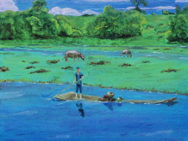 Original Oil by Grace Moore - Boy Poling a Raft on the Li River