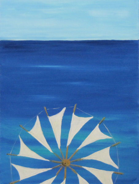 Original Oil Painting by Grace Moore - Greek Windmill Against Sea and Sky
