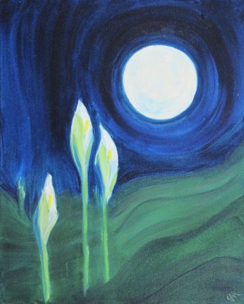 Original Oil Painting by Grace Moore - Three Calla Lillies Look at the Moon