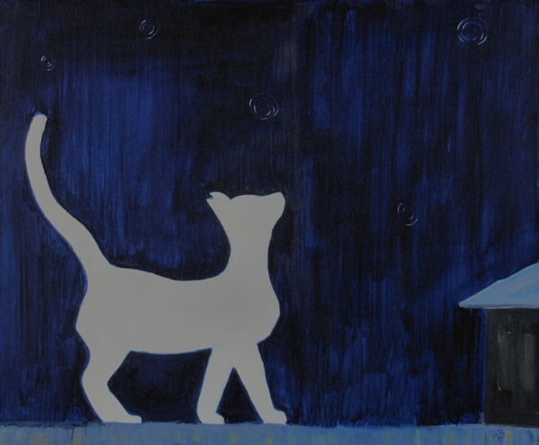 Original Oil Painting by Grace Moore - White Cat on the Fence on a dark night