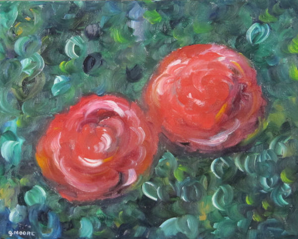 Original Oil Painting by G.A. Moore - Roses on a green background