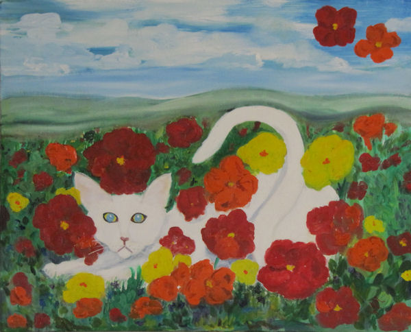 Original Oil Painting by Grace Moore - A White Cat in a Field of Bright Poppies