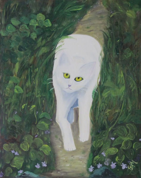 Original Oil Painting by G.A. Moore - White Cat Stalking Through Greenery