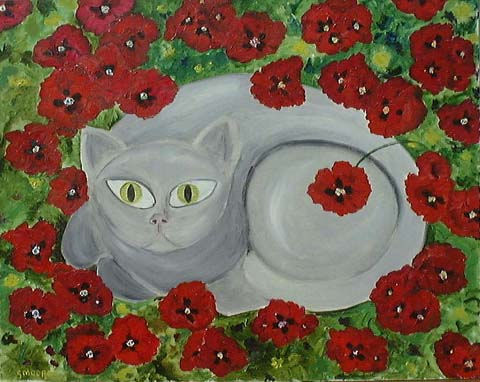 Original Oil Painting by Grace Alice Moore - Gray Cat Amid a Field of Red Flowers