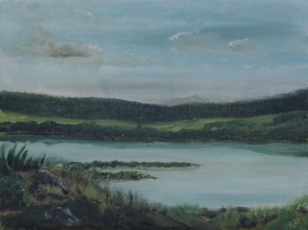 Original Oil by Grace Moore - Landscape with water and soft mountains