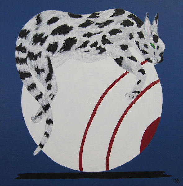 Black Spotted White Cat Lounging on a Large Red and White Ball by Grace Moore